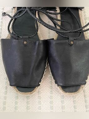 Massimo Dutti Black Leather Lace-Up Espadrille Sandals